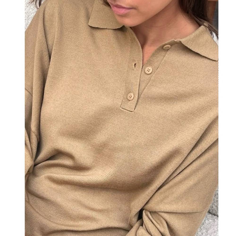 I Love Mr. Mittens polo button up oversized sweater (tan)